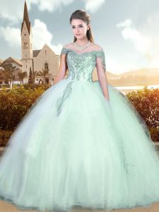 Edgy Apple Green Off The Shoulder Neckline Beading and Appliques Vestidos de Quinceanera Cap Sleeves Lace Up