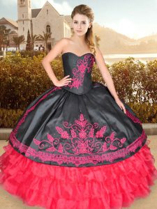 Sweetheart Sleeveless Sweet 16 Dress Floor Length Embroidery and Ruffled Layers Hot Pink Organza