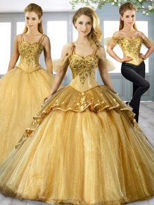Trendy Gold Sleeveless Beading and Appliques Lace Up Quinceanera Gowns