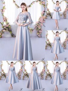 Dynamic Floor Length Silver Quinceanera Court of Honor Dress Scoop 3 4 Length Sleeve Lace Up