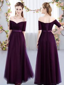 Fancy Dark Purple Wedding Party Dress Prom and Party and Wedding Party with Ruching Off The Shoulder Short Sleeves Lace 