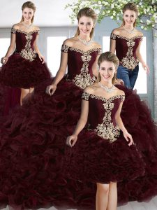 Sleeveless Beading and Ruffles Lace Up Quinceanera Dresses with Burgundy Court Train
