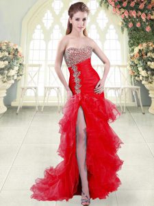 Sweet Beading and Ruffled Layers Prom Party Dress Red Lace Up Sleeveless Brush Train