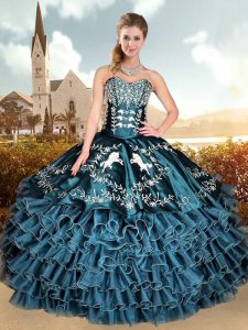 Sexy Teal Sleeveless Embroidery and Ruffled Layers Floor Length 15 Quinceanera Dress