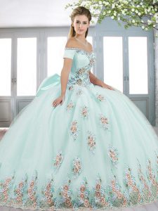 Tulle Short Sleeves Floor Length Quinceanera Dresses and Beading and Bowknot