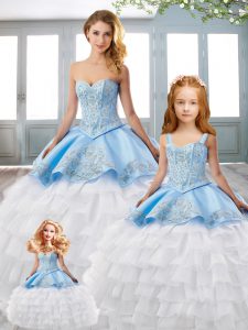 Blue And White Satin and Organza Lace Up Sweetheart Sleeveless Vestidos de Quinceanera Court Train Embroidery and Ruffle