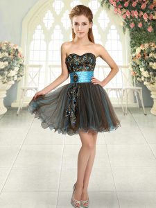 Sleeveless Tulle Mini Length Lace Up in Brown with Beading and Appliques