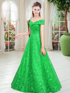 Green Lace Up Off The Shoulder Beading Prom Dress Lace Sleeveless