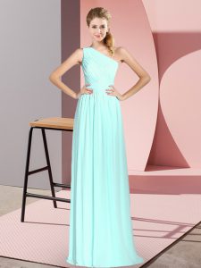 Apple Green Empire One Shoulder Sleeveless Chiffon Floor Length Lace Up Ruching Prom Party Dress
