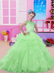Green Organza Lace Up Little Girls Pageant Dress Wholesale Sleeveless Sweep Train Beading and Ruffles