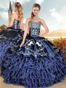 Extravagant Sweetheart Sleeveless Sweet 16 Dress Floor Length Embroidery and Ruffled Layers Blue Organza