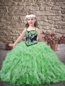 Green Organza Lace Up Straps Sleeveless High School Pageant Dress Brush Train Embroidery and Ruffles