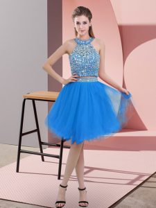 Glorious Knee Length Blue Homecoming Dress Halter Top Sleeveless Backless