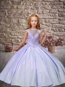 Scoop Cap Sleeves Satin Kids Formal Wear Beading and Lace and Appliques Brush Train Lace Up