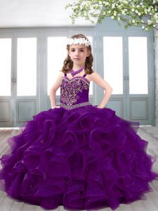Eggplant Purple and Purple Lace Up Straps Beading and Ruffles Pageant Dress for Teens Organza Sleeveless