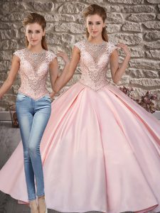 Exquisite Pink Satin Lace Up Scoop Cap Sleeves Quinceanera Dresses Sweep Train Beading
