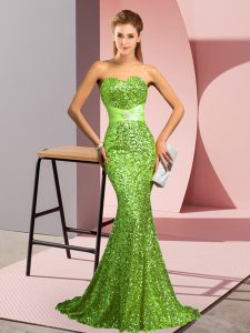 Sequined Zipper Sweetheart Sleeveless Prom Evening Gown Sweep Train Beading