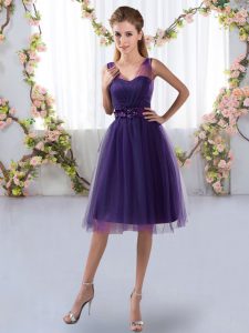 Simple Sleeveless Knee Length Appliques Zipper Bridesmaid Gown with Purple
