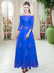 3 4 Length Sleeve Floor Length Lace Lace Up Prom Gown with Royal Blue