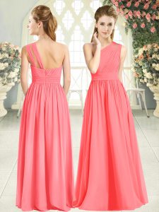 Traditional Floor Length Zipper Homecoming Dress Watermelon Red for Prom and Party with Ruching