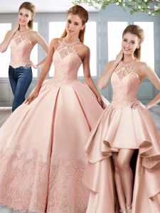 Halter Top Sleeveless Quinceanera Gown Pick Ups Pink Satin