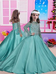 Blue Long Sleeves Satin Sweep Train Lace Up Pageant Gowns For Girls for Party and Wedding Party
