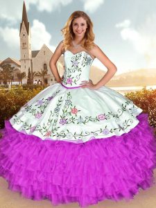 Luxury Purple Satin and Organza Lace Up Quinceanera Dresses Sleeveless Ruffles