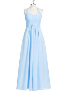 Best Selling Chiffon Halter Top Sleeveless Zipper Ruching Prom Evening Gown in Blue