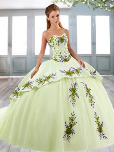 Sweetheart Sleeveless Sweep Train Lace Up Sweet 16 Quinceanera Dress Yellow Green Tulle