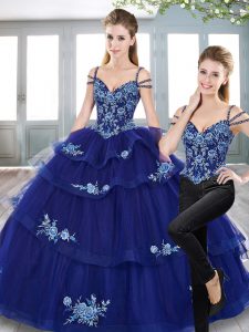 Royal Blue Sleeveless Embroidery Floor Length Sweet 16 Quinceanera Dress