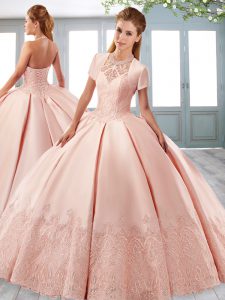 Baby Pink Quinceanera Dress Satin Court Train Sleeveless Lace
