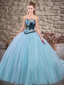 Designer Aqua Blue Ball Gowns Embroidery 15th Birthday Dress Lace Up Tulle Sleeveless