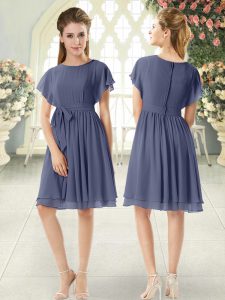 Knee Length Blue Prom Dresses Chiffon Short Sleeves Belt