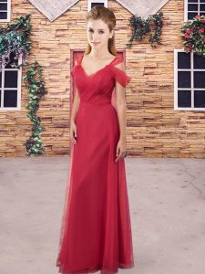 Red Tulle Backless Straps Sleeveless Floor Length Vestidos de Damas Ruching