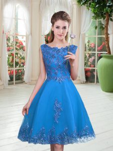 A-line Prom Dresses Blue Scoop Tulle Sleeveless Knee Length Lace Up