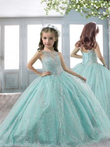 Low Price Ball Gowns Little Girl Pageant Dress Aqua Blue Scoop Sleeveless Floor Length Lace Up