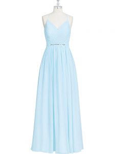 Floor Length Light Blue Prom Party Dress Chiffon Sleeveless Ruching and Pleated