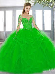 Designer Green Tulle Lace Up Quince Ball Gowns Long Sleeves Sweep Train Beading and Lace