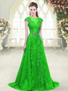 Romantic Cap Sleeves Beading and Lace and Pick Ups Zipper Prom Gown with Green