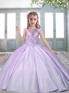 Excellent Cap Sleeves Satin Sweep Train Lace Up Little Girls Pageant Gowns in Lavender with Beading