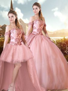 Designer Scoop Sleeveless Sweep Train Lace Up Sweet 16 Dresses Pink Organza