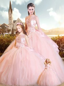 Custom Design Pink Sleeveless Beading and Appliques Lace Up Quinceanera Gowns