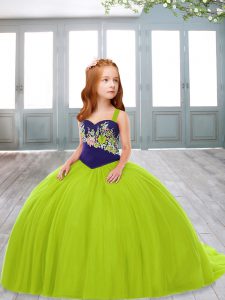 High End Yellow Green Tulle Lace Up Winning Pageant Gowns Sleeveless Sweep Train Embroidery