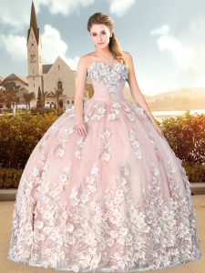 Pink Ball Gowns Sweetheart Sleeveless Tulle Floor Length Lace Up Appliques Sweet 16 Quinceanera Dress