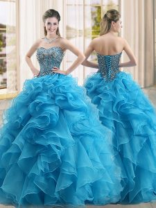 Sleeveless Floor Length Beading and Ruffles Lace Up Quinceanera Dresses with Baby Blue