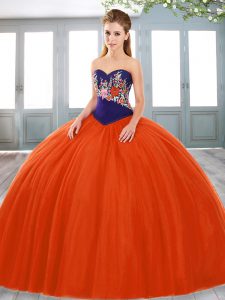 Traditional Orange Red Sleeveless Embroidery Floor Length Quinceanera Dresses