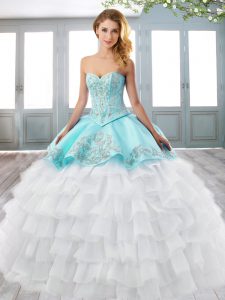 Simple Ball Gowns Sleeveless Blue And White Sweet 16 Quinceanera Dress Court Train Lace Up