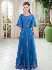Half Sleeves Tulle Floor Length Lace Up Prom Dress in Blue with Lace