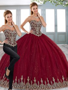 Romantic Wine Red Two Pieces Sweetheart Sleeveless Tulle Floor Length Lace Up Beading and Appliques Quinceanera Dress