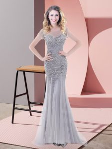 Mermaid Prom Gown Grey Scoop Tulle Short Sleeves Floor Length Zipper